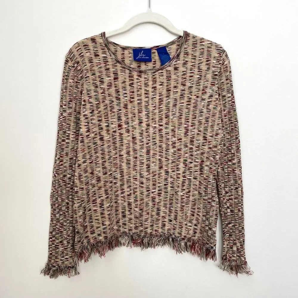 y2k Ribbed Knit Fringe Trim Sweater Womens M Multicolor Fitted Indie Sleaze